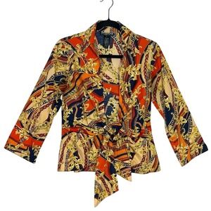 Mishca Tie Front Artsy Blouse Abstract Top 3/4 Sleeve Flip Cuffs Small